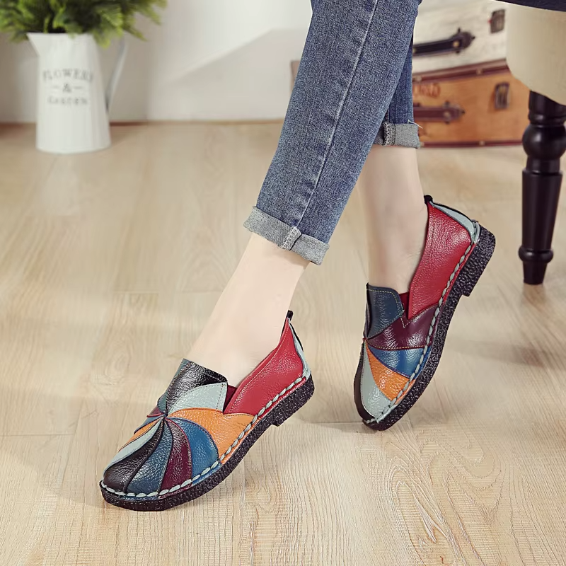 Mocassins souples en cuir véritable pour femme, chaussures plates faites à la main