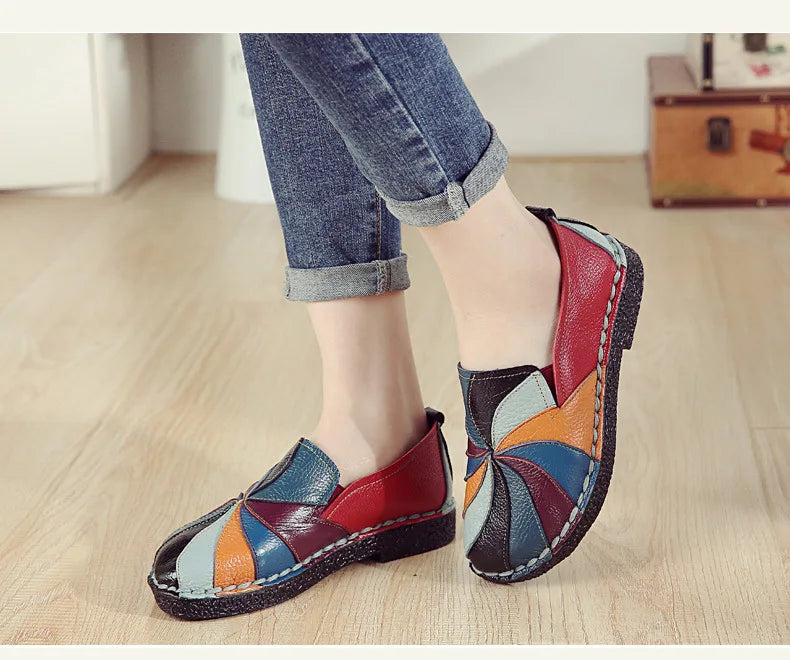 Mocassins souples en cuir véritable pour femme, chaussures plates faites à la main