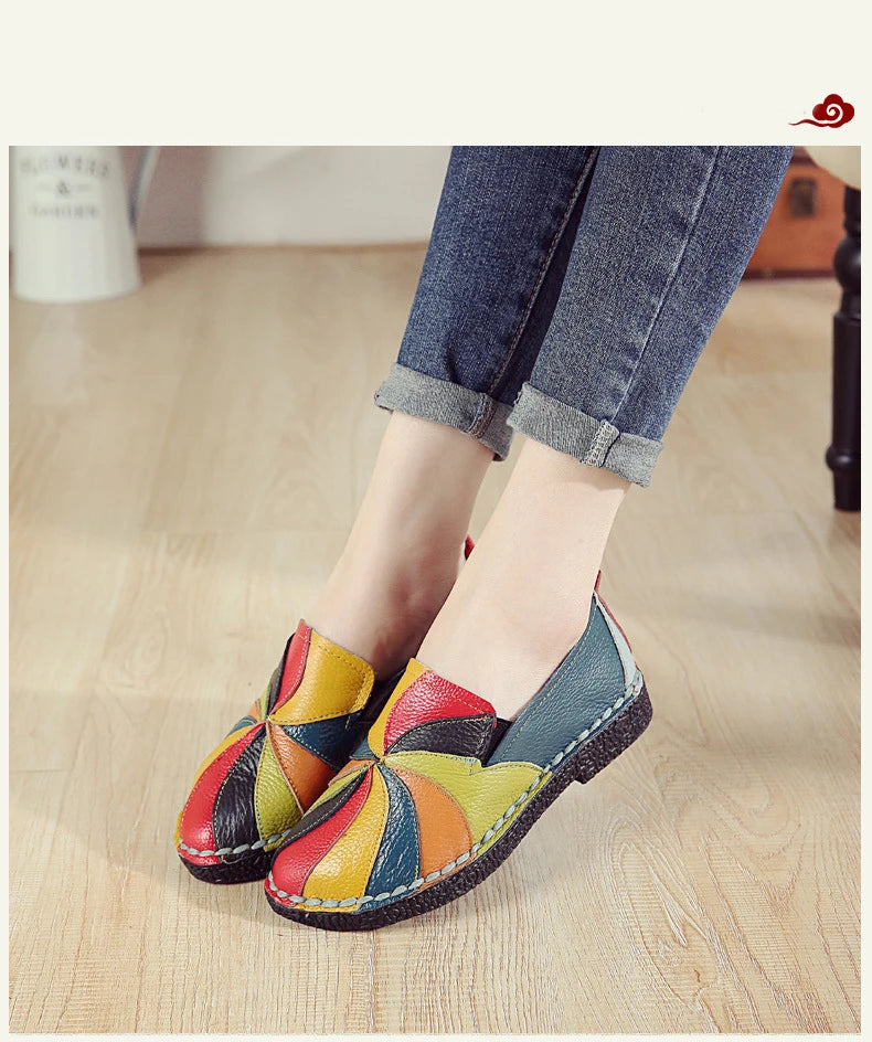 Mocassins souples en cuir véritable pour femme, chaussures plates faites à la main