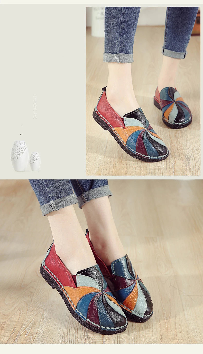 Mocassins souples en cuir véritable pour femme, chaussures plates faites à la main