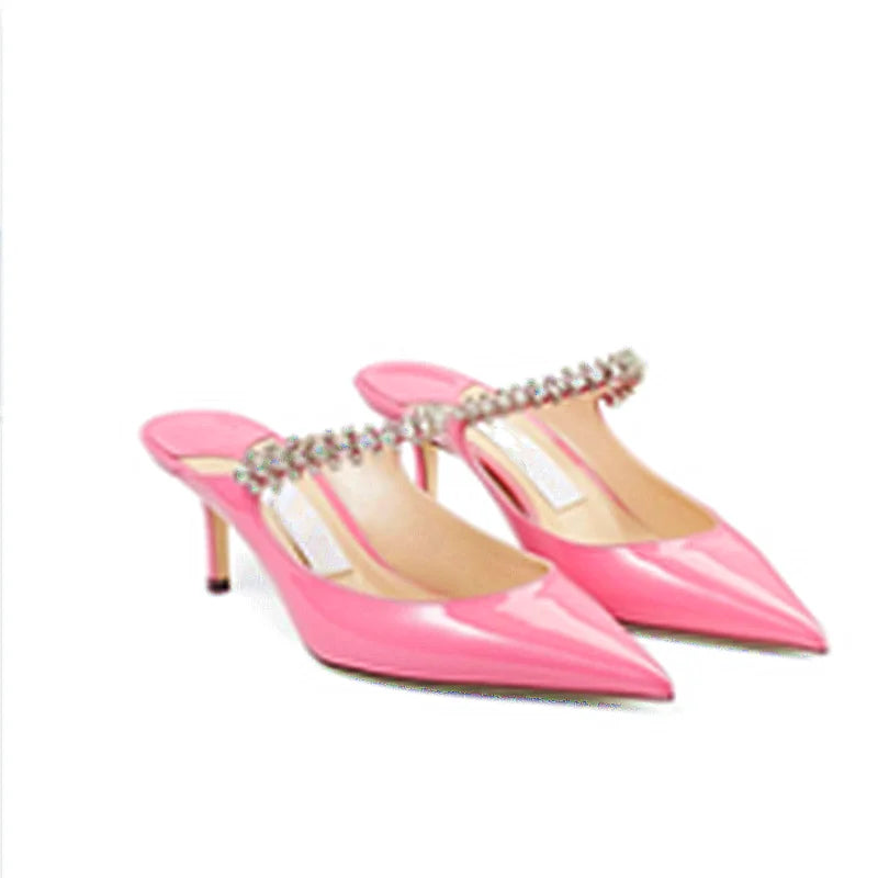 Hauts Talons pointus en cuir verni pour femmes avec chaine en biscuits Nouveauté  2025