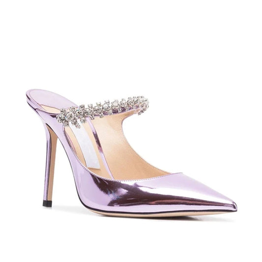 Hauts Talons pointus en cuir verni pour femmes avec chaine en biscuits Nouveauté  2025